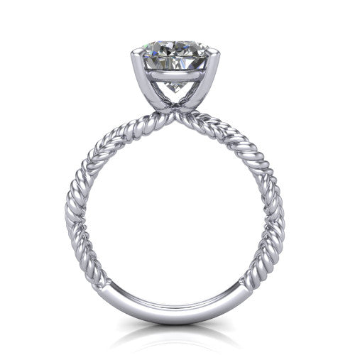 Sarah oval rope solitaire engagement ring in 18K White Gold with twisted cable band, through-finger front profile