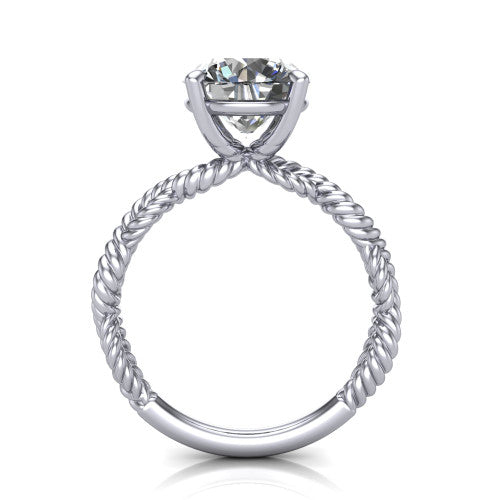 Sarah round rope solitaire engagement ring in 14K White Gold with twisted cable band, through-finger front profile