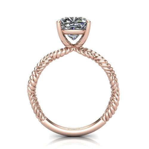 Sarah cushion rope solitaire engagement ring in 18K Rose Gold with twisted cable band, through-finger front profile