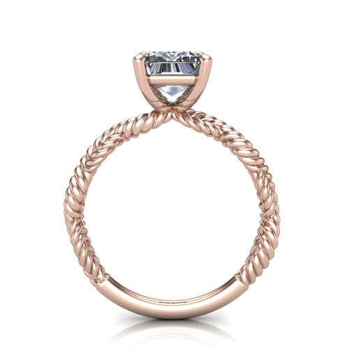 Sarah emerald rope solitaire engagement ring in 18K Rose Gold with twisted cable band, through-finger front profile
