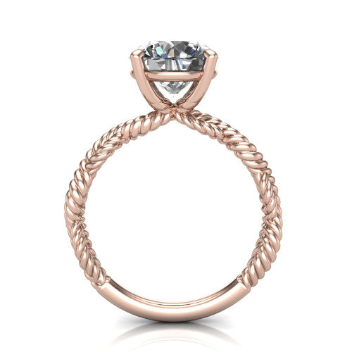 Sarah round rope solitaire engagement ring in 14K Rose Gold with twisted cable band, through-finger front profile