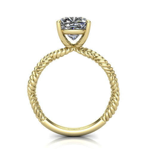 Sarah cushion rope solitaire engagement ring in 18K Yellow Gold with twisted cable band, through-finger front profile