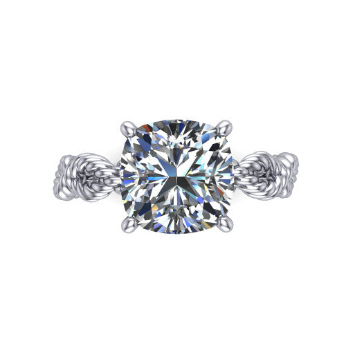 Sarah cushion rope solitaire engagement ring in 18K White Gold with twisted cable band, top-down view of the four-prong center and twisted rope band