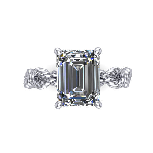 Sarah emerald rope solitaire engagement ring in 18K White Gold with twisted cable band, top-down view of the four-prong center and twisted rope band