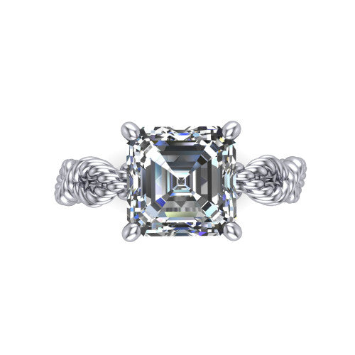 Sarah asscher rope solitaire engagement ring in 14K White Gold with twisted cable band, top-down view of the four-prong center and twisted rope band