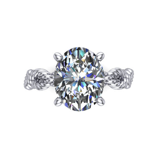 Sarah oval rope solitaire engagement ring in Platinum with twisted cable band, top-down view of the four-prong center and twisted rope band