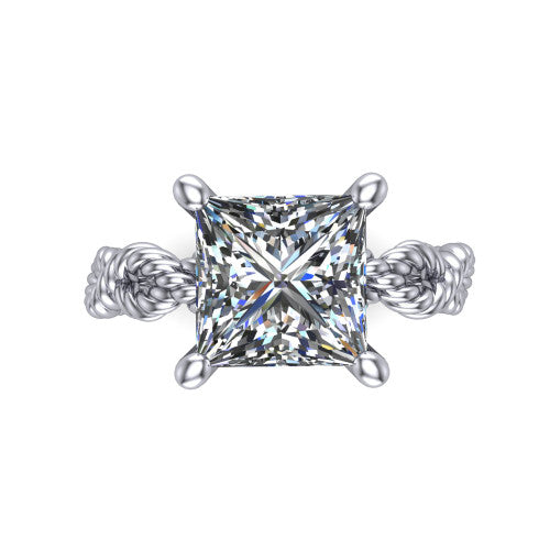 Sarah princess rope solitaire engagement ring in 18K White Gold with twisted cable band, top-down view of the four-prong center and twisted rope band