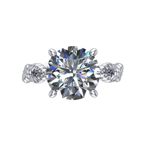 Sarah round rope solitaire engagement ring in Platinum with twisted cable band, top-down view of the four-prong center and twisted rope band