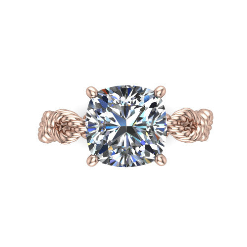 Sarah cushion rope solitaire engagement ring in 18K Rose Gold with twisted cable band, top-down view of the four-prong center and twisted rope band
