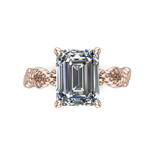 Sarah emerald rope solitaire engagement ring in 18K Rose Gold with twisted cable band, top-down view of the four-prong center and twisted rope band