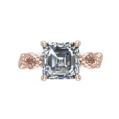 Sarah asscher rope solitaire engagement ring in 18K Rose Gold with twisted cable band, top-down view of the four-prong center and twisted rope band