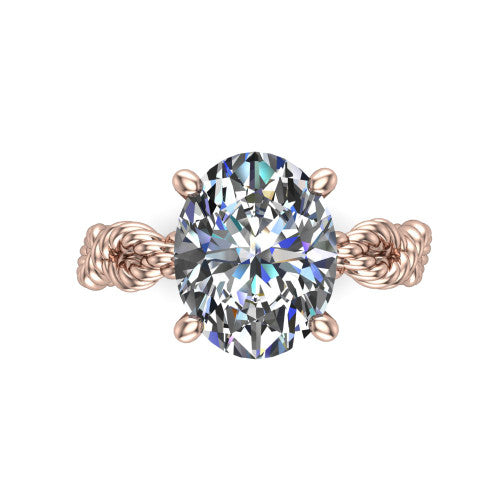 Sarah oval rope solitaire engagement ring in 14K Rose Gold with twisted cable band, top-down view of the four-prong center and twisted rope band