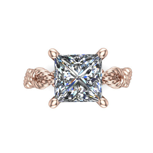 Sarah princess rope solitaire engagement ring in 14K Rose Gold with twisted cable band, top-down view of the four-prong center and twisted rope band