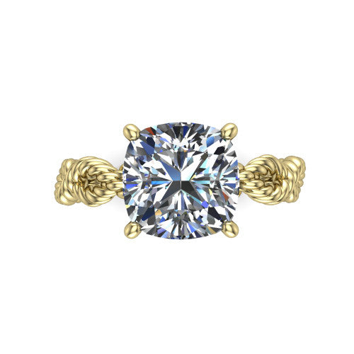 Sarah cushion rope solitaire engagement ring in 18K Yellow Gold with twisted cable band, top-down view of the four-prong center and twisted rope band
