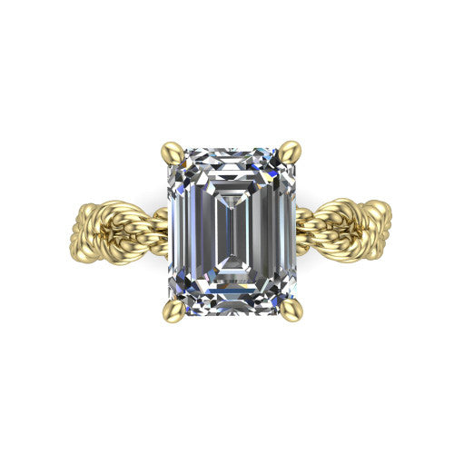 Sarah emerald rope solitaire engagement ring in 14K Yellow Gold with twisted cable band, top-down view of the four-prong center and twisted rope band
