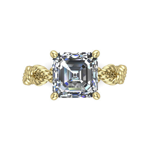 Sarah asscher rope solitaire engagement ring in 18K Yellow Gold with twisted cable band, top-down view of the four-prong center and twisted rope band