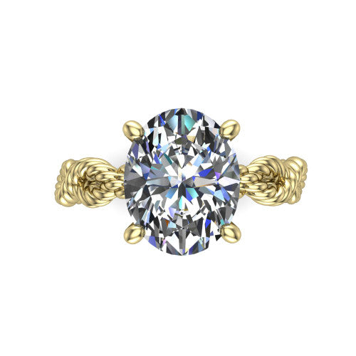 Sarah oval rope solitaire engagement ring in 14K Yellow Gold with twisted cable band, top-down view of the four-prong center and twisted rope band