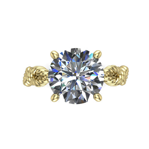 Sarah round rope solitaire engagement ring in 14K Yellow Gold with twisted cable band, top-down view of the four-prong center and twisted rope band