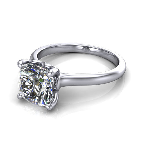 Nevaeh cushion solitaire engagement ring in Platinum with plain band and heart gallery, three-quarter perspective view