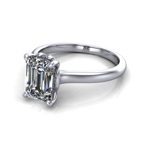 Nevaeh emerald solitaire engagement ring in Platinum with plain band and heart gallery, three-quarter perspective view