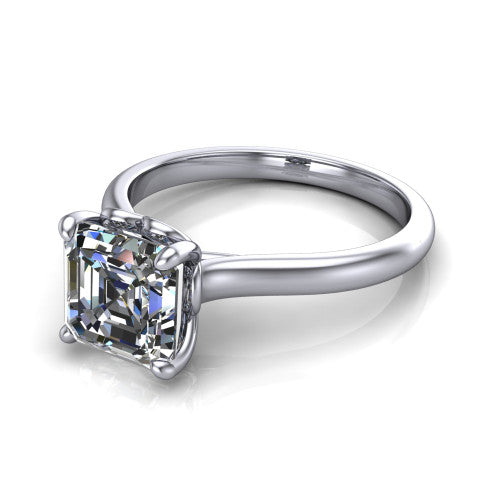 Nevaeh asscher solitaire engagement ring in Platinum with plain band and heart gallery, three-quarter perspective view