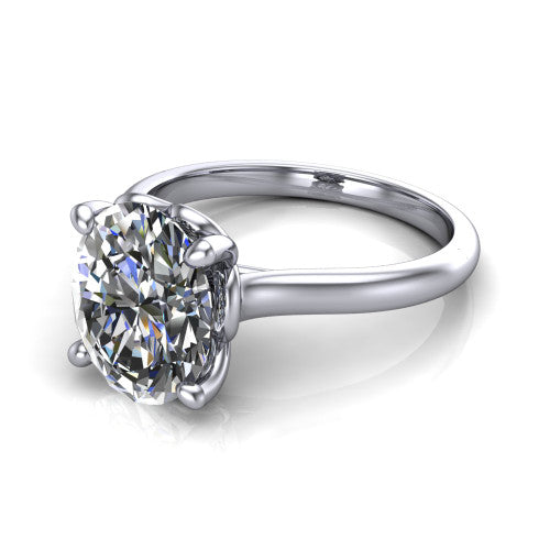 Nevaeh oval solitaire engagement ring in Platinum with plain band and heart gallery, three-quarter perspective view