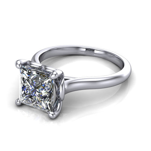 Nevaeh princess solitaire engagement ring in 14K White Gold with plain band and heart gallery, three-quarter perspective view