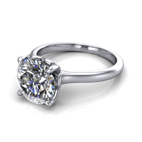 Nevaeh round solitaire engagement ring in Platinum with plain band and heart gallery, three-quarter perspective view
