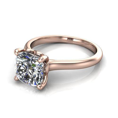 Nevaeh cushion solitaire engagement ring in 18K Rose Gold with plain band and heart gallery, three-quarter perspective view