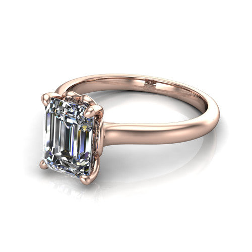 Nevaeh emerald solitaire engagement ring in 14K Rose Gold with plain band and heart gallery, three-quarter perspective view