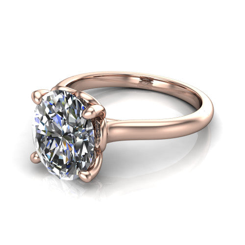 Nevaeh oval solitaire engagement ring in 14K Rose Gold with plain band and heart gallery, three-quarter perspective view