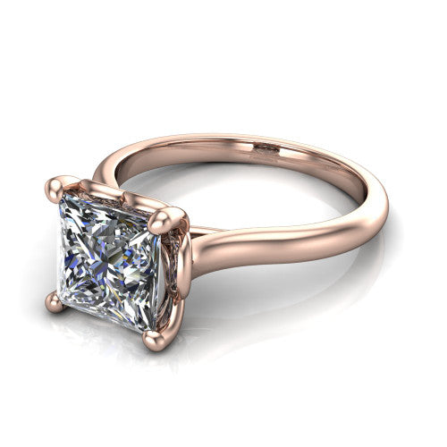 Nevaeh princess solitaire engagement ring in 14K Rose Gold with plain band and heart gallery, three-quarter perspective view