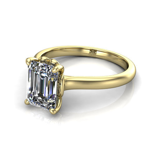Nevaeh emerald solitaire engagement ring in 14K Yellow Gold with plain band and heart gallery, three-quarter perspective view