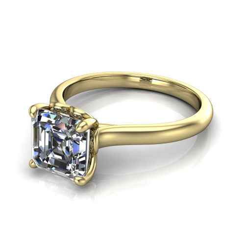 Nevaeh asscher solitaire engagement ring in 18K Yellow Gold with plain band and heart gallery, three-quarter perspective view