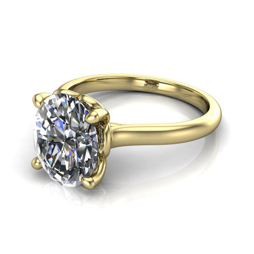 Nevaeh oval solitaire engagement ring in 18K Yellow Gold with plain band and heart gallery, three-quarter perspective view
