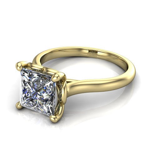 Nevaeh princess solitaire engagement ring in 14K Yellow Gold with plain band and heart gallery, three-quarter perspective view