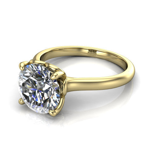Nevaeh round solitaire engagement ring in 14K Yellow Gold with plain band and heart gallery, three-quarter perspective view