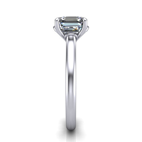 Nevaeh asscher solitaire engagement ring in 18K White Gold with plain band and heart gallery, side profile showing the plain band and heart-shaped gallery