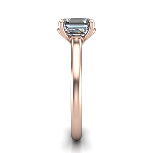 Nevaeh asscher solitaire engagement ring in 14K Rose Gold with plain band and heart gallery, side profile showing the plain band and heart-shaped gallery