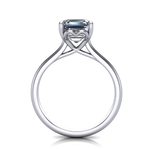 Nevaeh asscher solitaire engagement ring in 14K White Gold with plain band and heart gallery, through-finger front profile showing the heart gallery