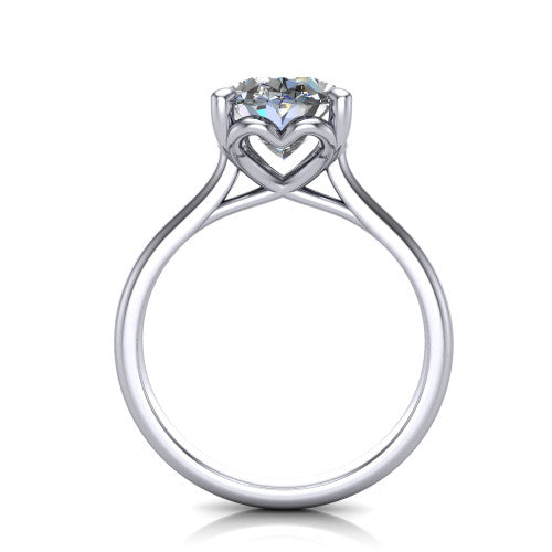 Nevaeh oval solitaire engagement ring in Platinum with plain band and heart gallery, through-finger front profile showing the heart gallery