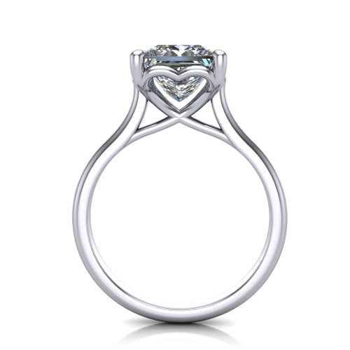 Nevaeh princess solitaire engagement ring in 18K White Gold with plain band and heart gallery, through-finger front profile showing the heart gallery