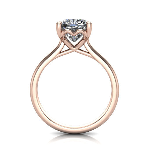 Nevaeh cushion solitaire engagement ring in 14K Rose Gold with plain band and heart gallery, through-finger front profile showing the heart gallery