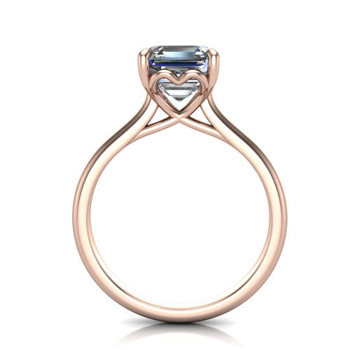 Nevaeh asscher solitaire engagement ring in 18K Rose Gold with plain band and heart gallery, through-finger front profile showing the heart gallery