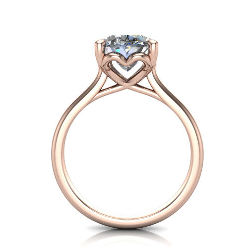 Nevaeh oval solitaire engagement ring in 14K Rose Gold with plain band and heart gallery, through-finger front profile showing the heart gallery