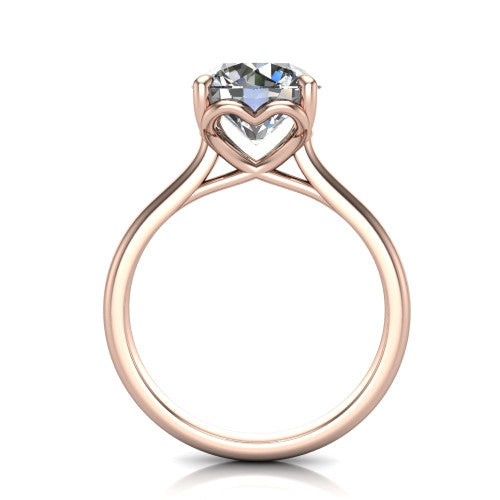 Nevaeh round solitaire engagement ring in 18K Rose Gold with plain band and heart gallery, through-finger front profile showing the heart gallery
