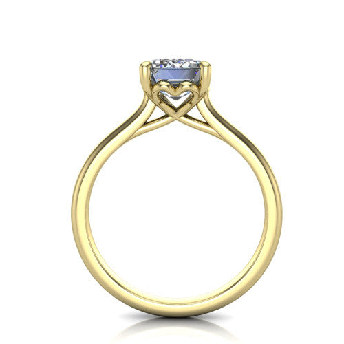 Nevaeh emerald solitaire engagement ring in 18K Yellow Gold with plain band and heart gallery, through-finger front profile showing the heart gallery