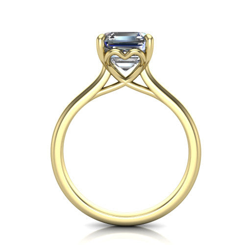 Nevaeh asscher solitaire engagement ring in 14K Yellow Gold with plain band and heart gallery, through-finger front profile showing the heart gallery