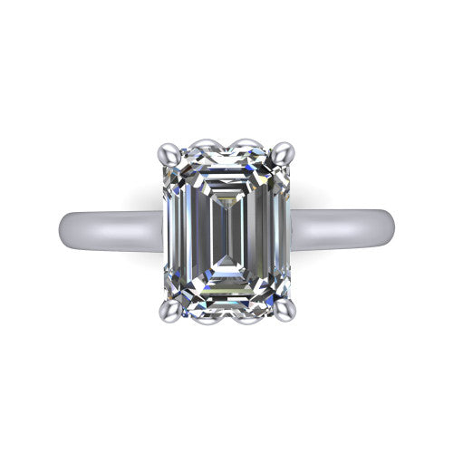 Nevaeh emerald solitaire engagement ring in 14K White Gold with plain band and heart gallery, top-down view of the four-prong center and plain band