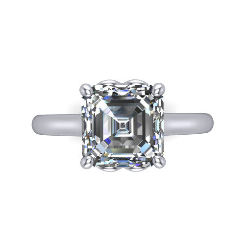 Nevaeh asscher solitaire engagement ring in 18K White Gold with plain band and heart gallery, top-down view of the four-prong center and plain band